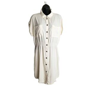Topshop Ivory Button Front Shirt Dress Size 10 Smocked Utility Clean Girl Safari